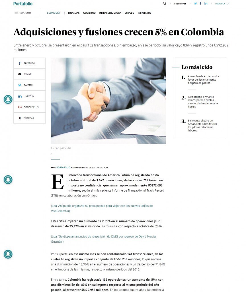 Adquisiciones y fusiones crecen 5% en Colombia